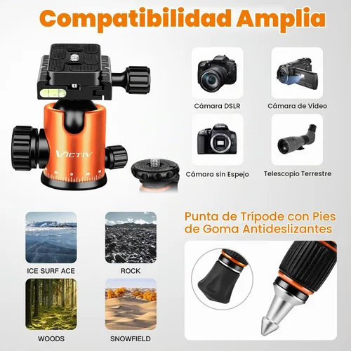 Vista 3 de Victiv Trípode de cámara de 80", Trípode de aluminio resistente con cabeza de bola de 360°, Trípodes y monopodios de cámara con bolsa de transporte