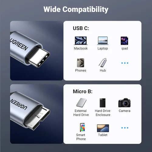Vista 6 de UGREEN 10 Gbps Cables de disco duro Micro B a USB C, 1.5 pies USB C a Micro B, cable de disco duro externo compatible con MacBook Pro/Air