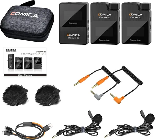Vista 8 de Micrófono lavalier inalámbrico COMICA BoomX-D2 para iPhone, cámara Android, sistema de micrófono de solapa dual con 2 transmisores, rango estable