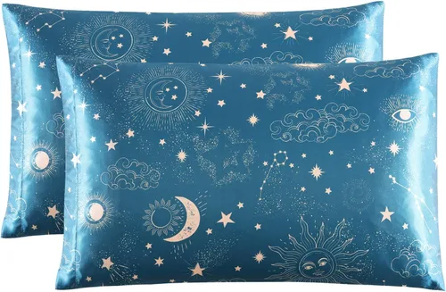 Vista 30 de EXQ Home - Funda de almohada de satén para cuidar el cabello y la piel, tamaño estándar, de seda con estampado negro, juego de 2 fundas con cierre
