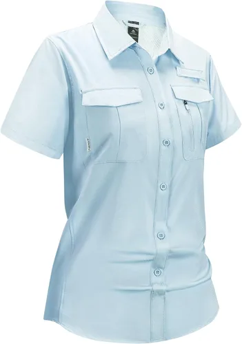Vista 10 de Haimont Camisas de senderismo y pesca con protección solar para mujer, manga corta, abotonadas, resistentes al agua, de secado rápido