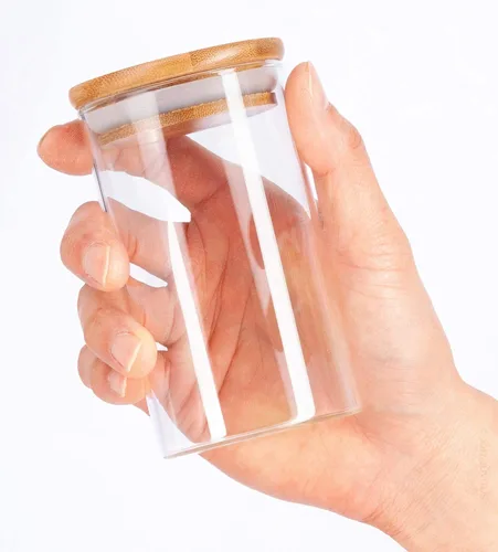Vista 8 de JUVITUS Paquete de 6 tarros altos de vidrio transparente de 10 onzas con tapa sellada de silicona de bambú y madera
