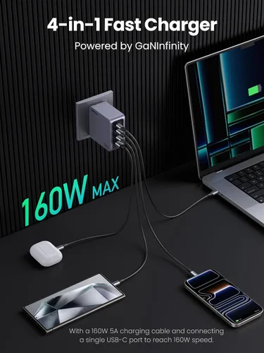 Vista 2 de UGREEN Nexode Pro 160W GaN Cargador de portátil USB C, cargador rápido PD 3.1 PPS de 4 puertos para MacBook Pro, Pixelbook, Dell XPS, iPad Pro