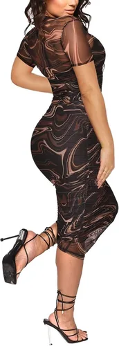 Vista 3 de Aro Lora Conjunto sexy de 3 piezas para mujer, de malla transparente, manga larga, mini vestido y camisola