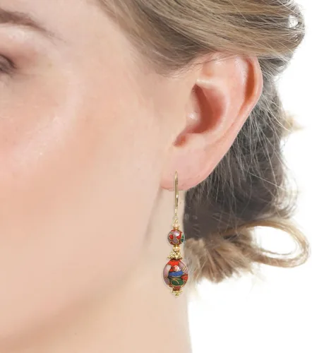 Vista 2 de LTC Designs Aretes de cierre de palanca rellenos de oro de 14 quilates con gotas de cloisonne floral rojo vintage para mujer, aretes unisex