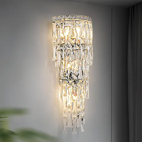 Vista 3 de Apliques de pared, modernos apliques de pared de cristal para interiores, lámpara de pared cromada de lujo, lámpara de pared K9 con gotas de cristal