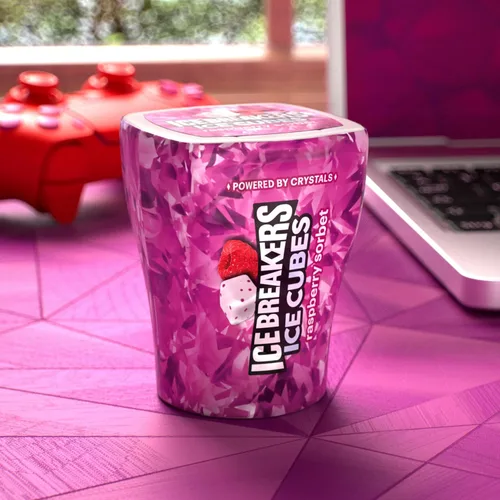 Vista 5 de ICE BREAKERS Ice Cubes - Botellas de goma de mascar sin azúcar con sabor a sorbete de frambuesa, 3.24 onzas (6 unidades, 40 piezas)