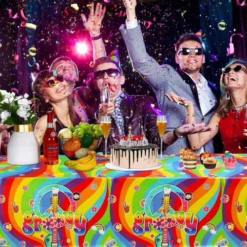 Vista 7 de Tiamon 3 manteles de plástico estilo hippie retro para mesa rectangular, decoraciones de fiesta de arco iris desechables para fiestas de los años 60