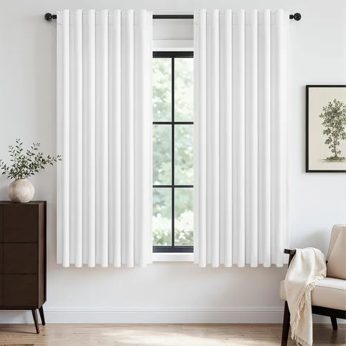 Vista 59 de Topfinel cortinas opacas de lino beige y blanco de 63 pulgadas de largo, 2 paneles para ventana pequeña, estilo natural de abedul bohemio y rústico