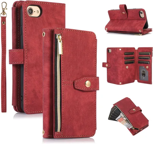 Vista 20 de UEEBAI Funda tipo cartera para iPhone SE 2022 5G/iPhone 7/iPhone 8/iPhone SE 2020, retro con 9 ranuras para tarjetas, bolsillo con cremallera, funda