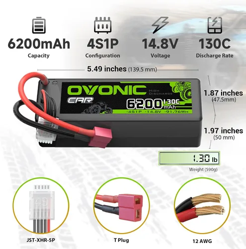 Vista 2 de OVONIC 4S LiPo Batería 6200mAh 14.8V 130C RC Batería con Dean-Estilo T Conector