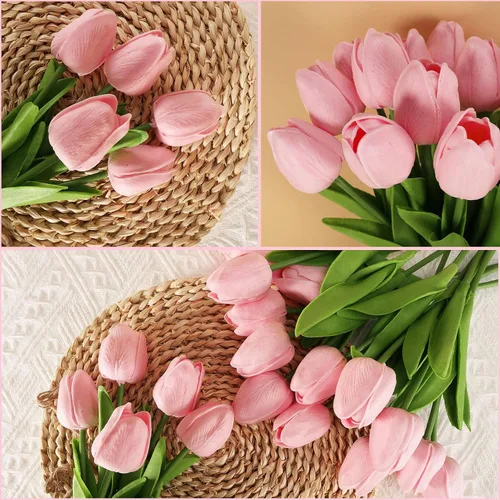 Vista 6 de 30 tulipanes reales al tacto, flores de poliuretano, tulipanes artificiales para arreglos de boda, fiesta, Pascua, primavera, hogar, comedor, Rosa