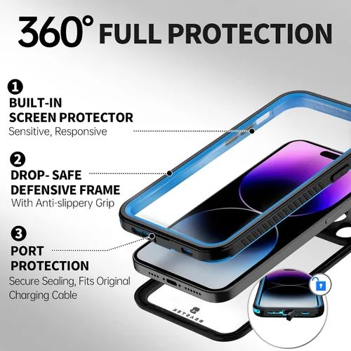 Vista 4 de BEASTEK Funda impermeable para iPhone 14 Pro, funda subacuática a prueba de golpes, a prueba de polvo, serie FSN con protector de pantalla integrado