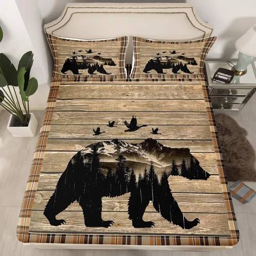 Vista 14 de Sábanas de oso de caza para niños y adolescentes, juego de cama rústico occidental de vida silvestre, sábana bajera para niños y niñas, sábanas