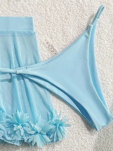 Vista 3 de OYOANGLE Traje de baño de 3 piezas para mujer con falda de playa de malla