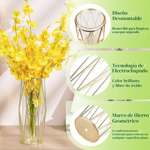 Vista 5 de Hewory - Jarrones de flores modernos dorados para centros de mesa, jarrones de vidrio de 11 pulgadas con soporte de metal, jarrones geométricos