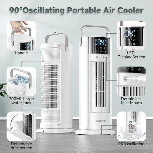 Vista 3 de Aire acondicionado portátil – Ventilador de torre oscilante de 90° con control remoto, enfriador de aire evaporativo de 16 pulgadas con 4