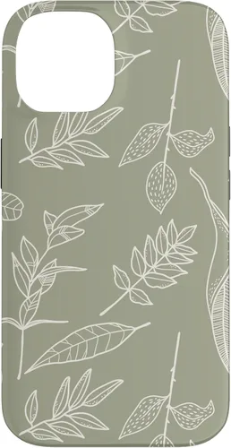 Vista 4 de Carcasa para iPhone 16, diseño de hojas y flores, color verde salvia