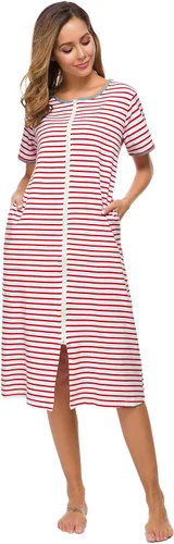 Vista 7 de Camisones de manga corta con cremallera frontal para mujer, batas de algodón de longitud completa, abrigo suelto con bolsillos, S-XXL