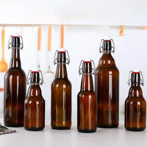 Vista 7 de Botellas de vidrio, botella de almacenamiento de vidrio marrón recargable con tapas abatibles, botellas de cierre de hierro ámbar con calcomanías