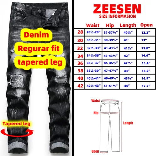 Vista 2 de Jeans rasgados para hombre, ajustados, ajuste regular, pierna cónica, desgastados, pantalones de mezclilla para hombre con agujero