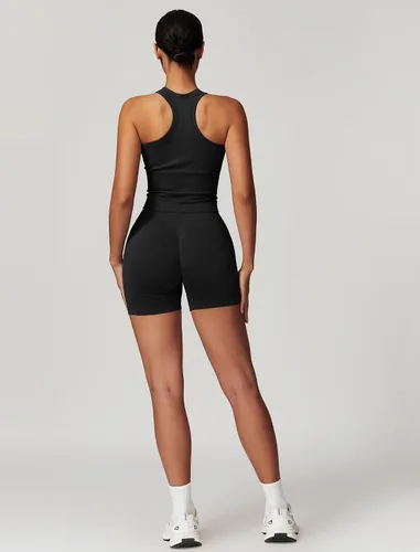 Vista 29 de Conjuntos de entrenamiento para mujer, 2 piezas, sin costuras, acanalada, sin mangas, brasier deportivo, cintura alta, pantalones cortos