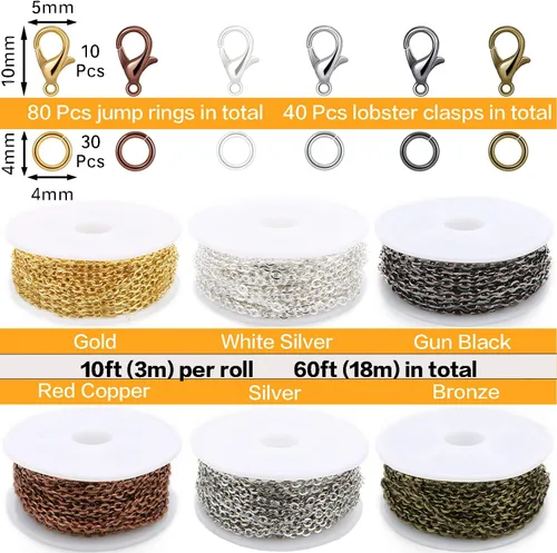 Vista 2 de Jishi Cadenas de suministros de fabricación de joyas, cadenas de eslabones de cable de 60 pies para hacer joyas, collares, aretes, pulseras 6