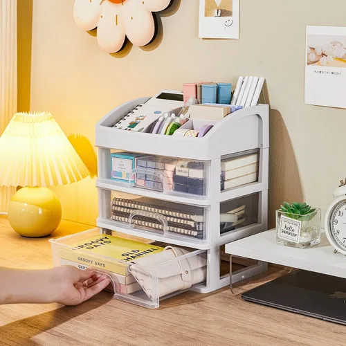 Vista 2 de Organizador de escritorio con cajones, organizador de almacenamiento de 3 cajones, cajones de almacenamiento de escritorio para suministros
