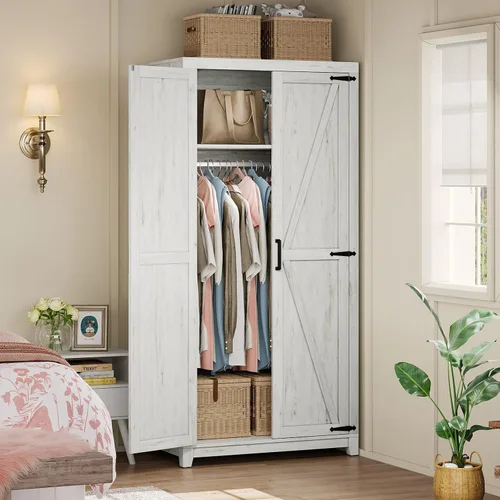 Vista 8 de AMERLIFE Armario de granja, clóset con 2 puertas estilo granero, gabinete de almacenamiento de 71" con barra para colgar y estante, almacenamiento