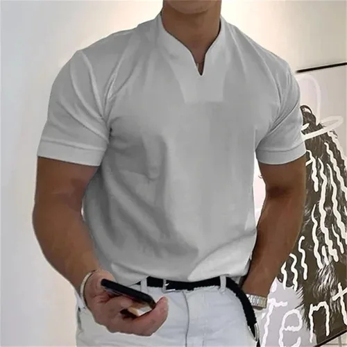 Vista 2 de AMZoc Camisetas lisas para hombre, casual, color sólido, cuello en V, para caballero, negocios, manga corta, para fitness