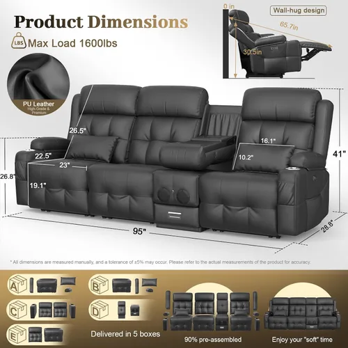 Vista 145 de Sofá de Dos Plazas Reclinable, Sofá Reclinable de Masaje con Gran Capacidad de Peso, Silla de Dos Plazas para RV en Liquidación con Consola, USB