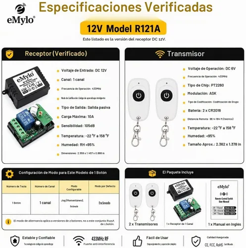 Vista 6 de Interruptor de relé RF inteligente eMylo Interruptor de control remoto inalámbrico DC 12V Módulo momentáneo de un canal 433Mhz receptor de relé
