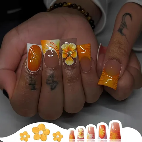 Vista 11 de 24 uñas de pato a presión con diamantes de imitación francesas, uñas postizas estilo pies de pato, uñas postizas de primavera y verano con diseños