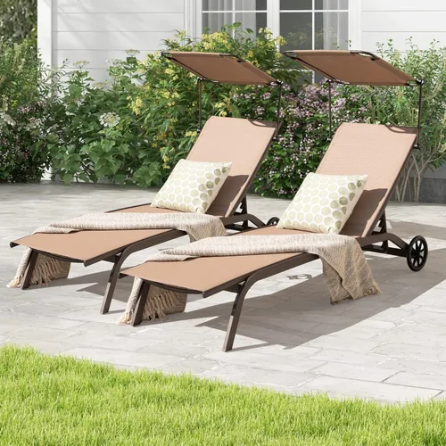 Vista 4 de Tangkula Tumbona para patio, reclinable al aire libre con ruedas, toldo ajustable y portavasos, respaldo de 6 niveles, tumbona reclinable de metal