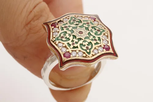 Vista 6 de Motif Style Turkish Handmade All Authentic Jewelry Red Enamel Round Cut Ruby Topaz 925 Sterling Silver Ring Size All