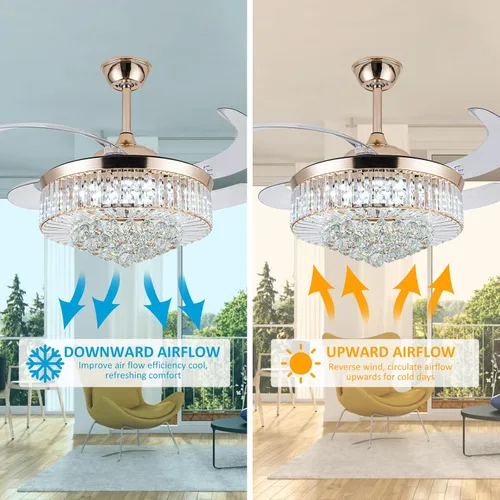 Vista 5 de Bavnnro Ventiladores de techo de cristal con luz, ventilador retráctil de 36 pulgadas, LED regulable, kit de luces de ventilador de techo de cristal