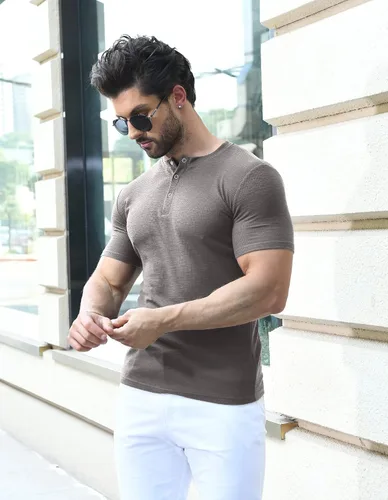 Vista 6 de YTD Camisetas musculares para hombre, camiseta elástica de manga corta para entrenamiento, casual, ajustada, camiseta Henley