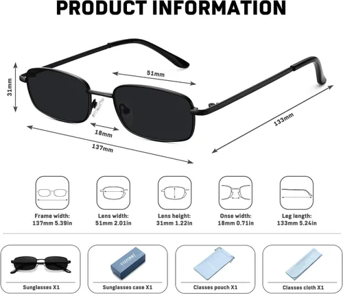 Vista 5 de Lentes de sol rectangulares para mujer, estilo retro de los años 90, marco cuadrado estrecho, protección UV400
