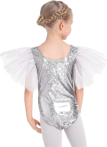 Vista 4 de AFAVOM Leotardos metálicos brillantes de ballet para niñas pequeñas con volantes de tul para gimnasia, disfraz de Halloween y baile