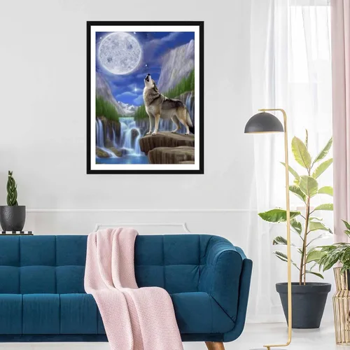Vista 4 de SKRYUIE Pintura de diamante 5D con diseño de lobo y águila con kit de arte de diamantes para adultos, lobo iluminado por la luna, kit de pintura por