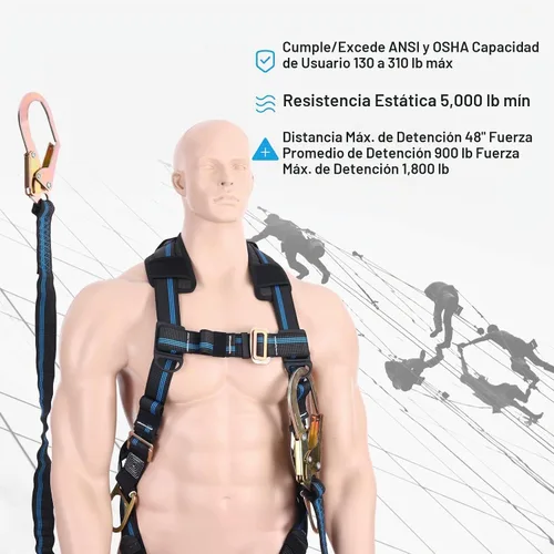 Vista 4 de Cordón de Arnés de Seguridad de Doble Pierna de 6 Pies, Cordón de Protección contra Caídas con Absorción de Impactos Interna Resistente a
