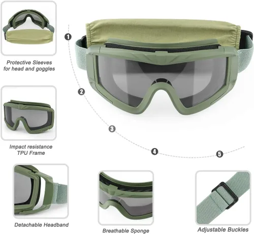 Vista 2 de xaegistac Gafas de Airsoft Tácticas de Seguridad, Gafas Anti Vaho para Caza y Ciclismo Verde Armada (ArmyGreen)