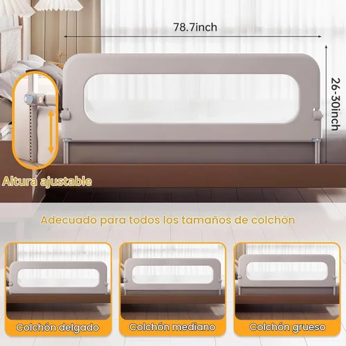 Vista 4 de Barandilla protectora para cama de bebé para niños pequeños, altura ajustable de 78.7 pulgadas, barandilla de cama abatible, barandilla lateral