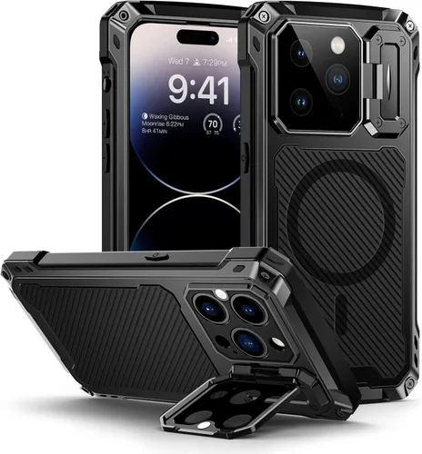 Vista 7 de Lanhiem Funda magnética de metal para iPhone 14, soporte de cámara integrado y protector de pantalla de cristal, resistente a prueba de golpes