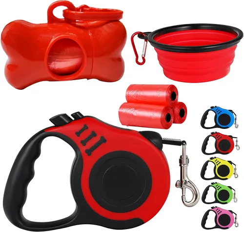 Vista 7 de Correa retráctil resistente para perros o gatos pequeños, cinta de nailon 360 sin enredos, mango antideslizante, con dispensador de bolsas de basura