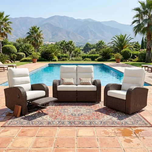 Vista 9 de LayinSun Sillón reclinable giratorio de mimbre de gran tamaño con respaldo ajustable y reposapiés, sillón reclinable para patio Gris