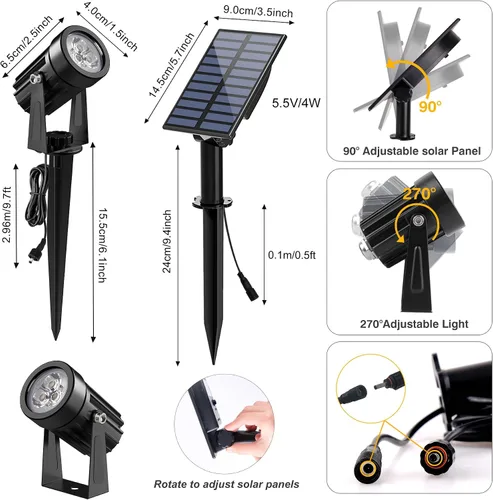 Vista 3 de Luces solares para exterior, focos de paisaje IP65 impermeables con cable de 3m, luces de pared para exterior con encendido y apagado automático