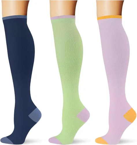 Vista 12 de (3 pares) Calcetines de compresión 20-30 mmHg, calcetines largos hasta la rodilla para mujeres y hombres, soporte atlético, para viajes y uso diario