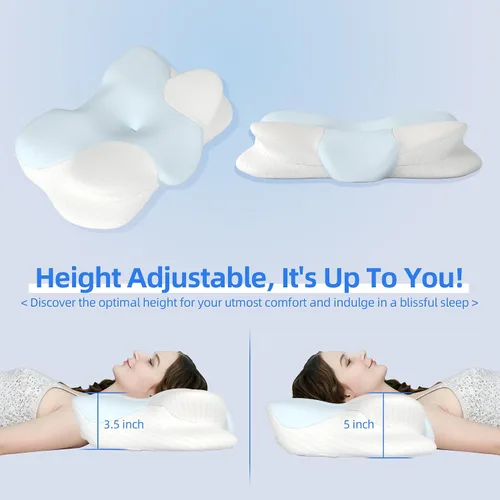 Vista 7 de Cervical Memory Foam Pillow, Ergonomic Contour Support for Neck Pain Relief Blue and White