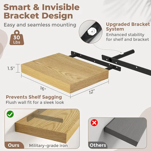 Vista 2 de Juego de 2 estantes flotantes de 16 pulgadas para pared, estantes de baño de grano de madera de 12 pulgadas de profundidad con soportes invisibles